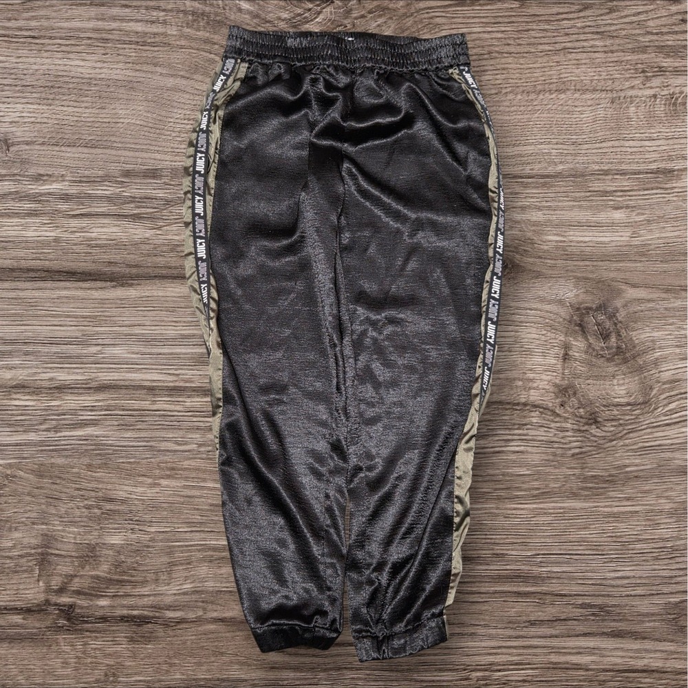 Juicy Couture Black Satin Track Pants Women Medium Logo Side Stripe Joggers